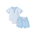thumbnail image 1 of WIFORNT 2Pcs Baby Boys Summer Outfits Checkerboard Buttons Short Sleeve Romper and Shorts Clothes Set, 1 of 9