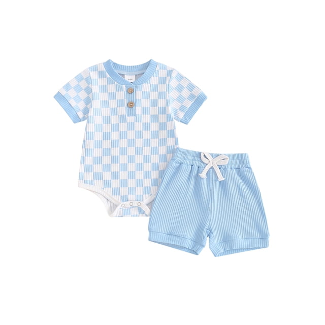 WIFORNT 2Pcs Baby Boys Summer Outfits Checkerboard Buttons Short Sleeve Romper and Shorts Clothes Set