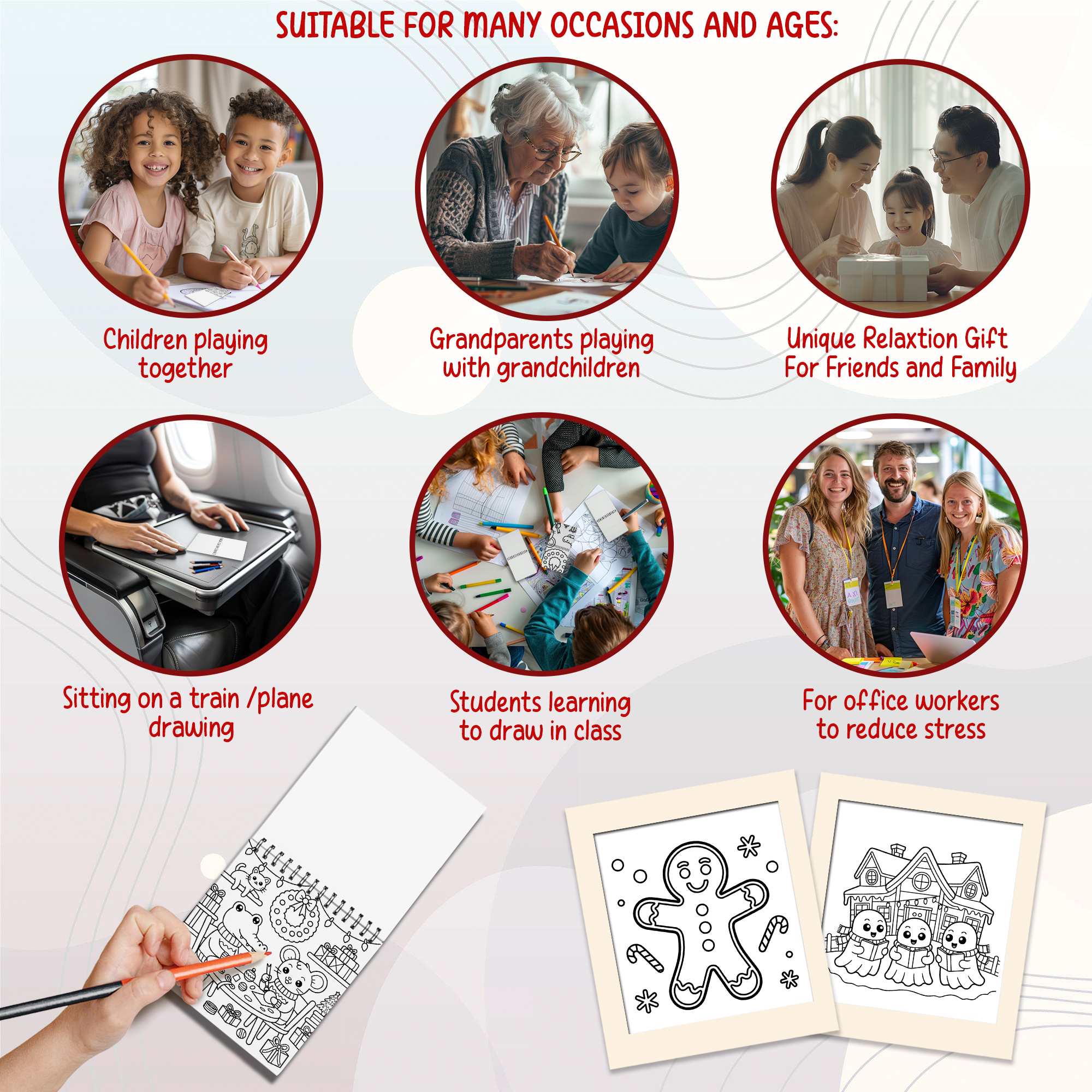 Christmas Mini Coloring Book Spiral Bound for Adult, Pack 6, 3.5” x 3.5” Pocket Size, 40 Coloring Pages Stress & Anxiety Relief, Travel for Women Men