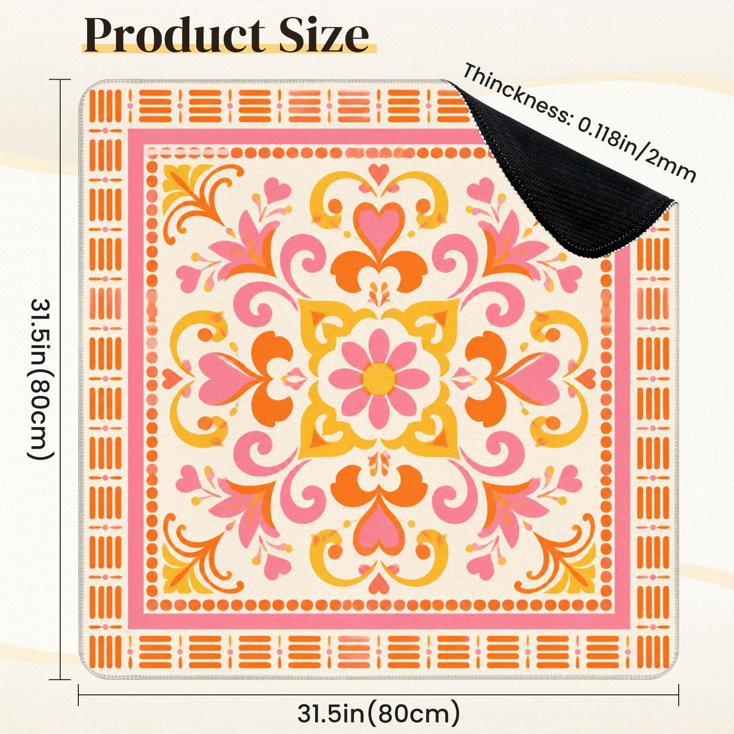 Mahjong Mat 31.5" x 31.5" Floral Ornamental Pink Orange Heart Motifs Swirls Non-Slip Noise Reduction Mahjong Tiles Table Cover for Dominoes Poker Card Board and Tile Games