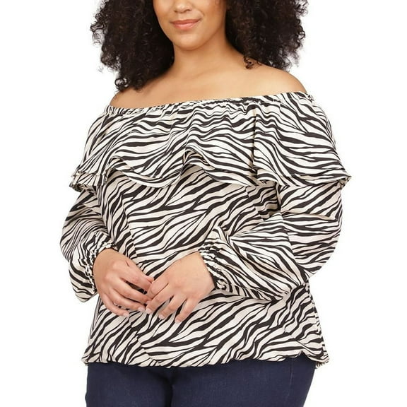 Michael Kors Womens Tiger Print Ruffled Cold Shoulder Blouse, Black, Plus Size, 3X