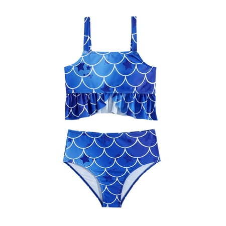 Toimothcn Girls Swimsuits Sleeveless Casual Colorful Fish Scale Printed 2 Piece Bikini Set Quickly Dry Cover Up Swimwear 9-10 Years