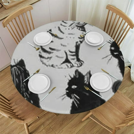 

nygtbtfer Black and White Animal Cat Pattern Round Fitted Tablecloth with Elastic Edge Wipeable Round Polyester Table Cover for Kitchen Dining Party Holiday Fits Round Table 42-46