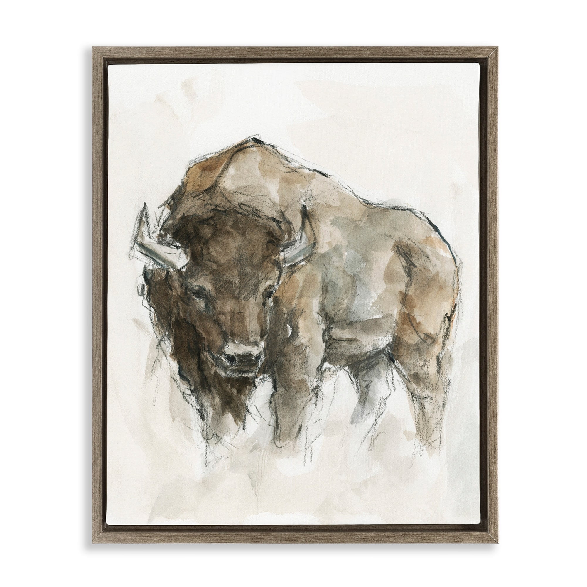 Stupell Industries Western American Buffalo Animals & Insects Painting Brown Floater Framed Canvas Art Print Wall Art, 17 x 21
