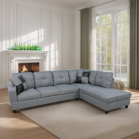 Hommoo Modern Linen 2-Piece Couch Living Room Sofa Set Sectional Couches and Sofas, L-Shaped Sectional Couch Sofa, Grey(No Ottoman)