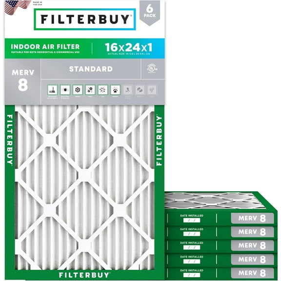Filterbuy 16x24x1 MERV 8 Dust Defense, Pleated HVAC AC Furnace Air Filters (6-Pack)