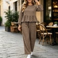 thumbnail image 3 of Asgosdo Women Two Piece Outfits Boho Grid Ruffle Long Sleeve Top and Wide Leg Pant with Pocket Casual Fall Winter Matching Lounge Sets, 3 of 6