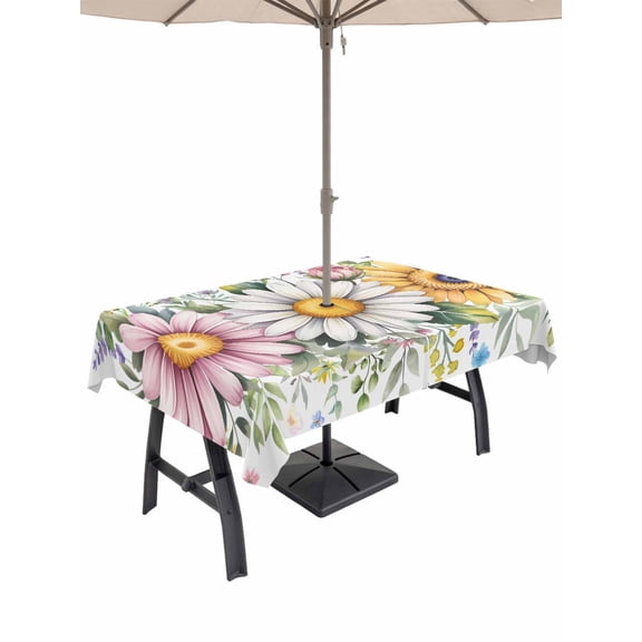 Outdoor Tablecloth with Umbrella Hole for Patio/Picnic/Party/Camping, Colorful Daisy Floral Waterproof Table Cloth Rectangle Table Cover Washable, Spring Flowers Botanical Leaves Rustic (54"x 80")