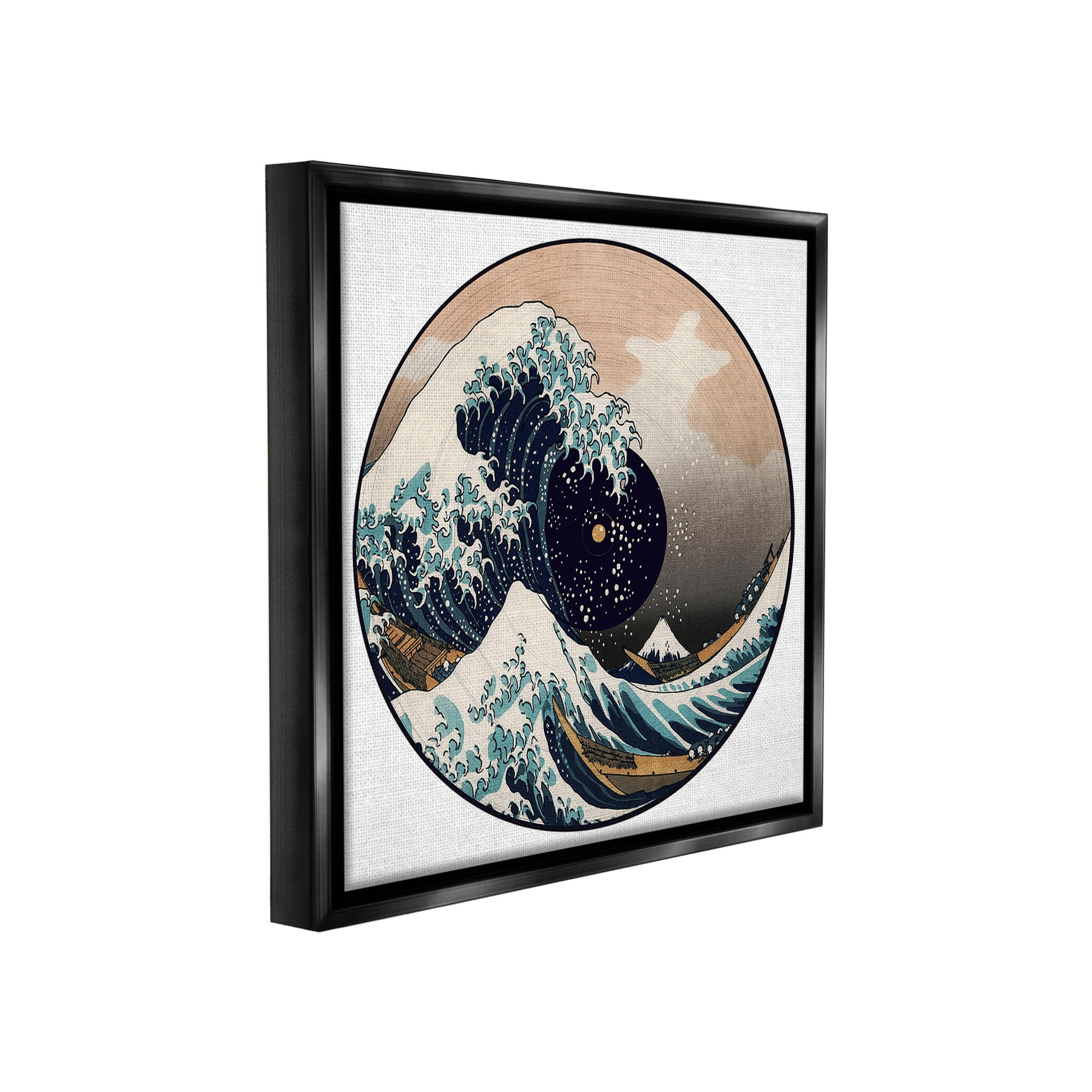 Stupell Industries Japanese Wave Music Record Landscape Painting Black Floater Framed Canvas Art Print Wall Art, 18 x 18