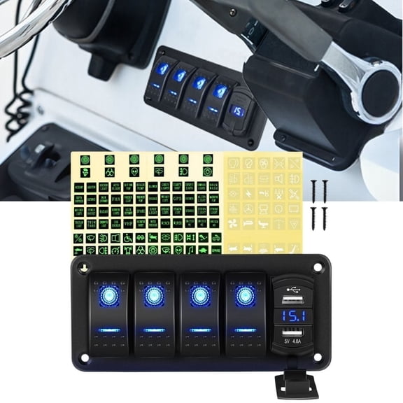 Waywe 4 Gang Rocker Switch Panel Blue Backlit with 4.8 Amp Dual USB Charger Voltmeter Waterproof 12V 24V DC Rocker Switch for Car Trucks Boats RVs