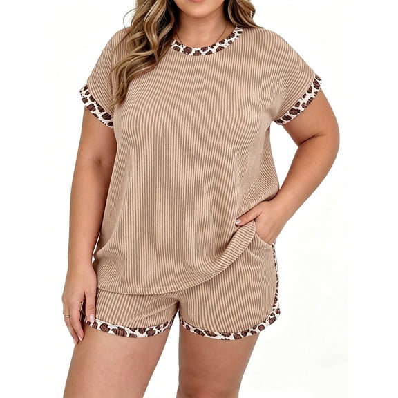 Plus Size Lepard Print Patchwork Women Short Sleeved 2 Pieces Ribbed Tops and Shorts Sets Outfit
