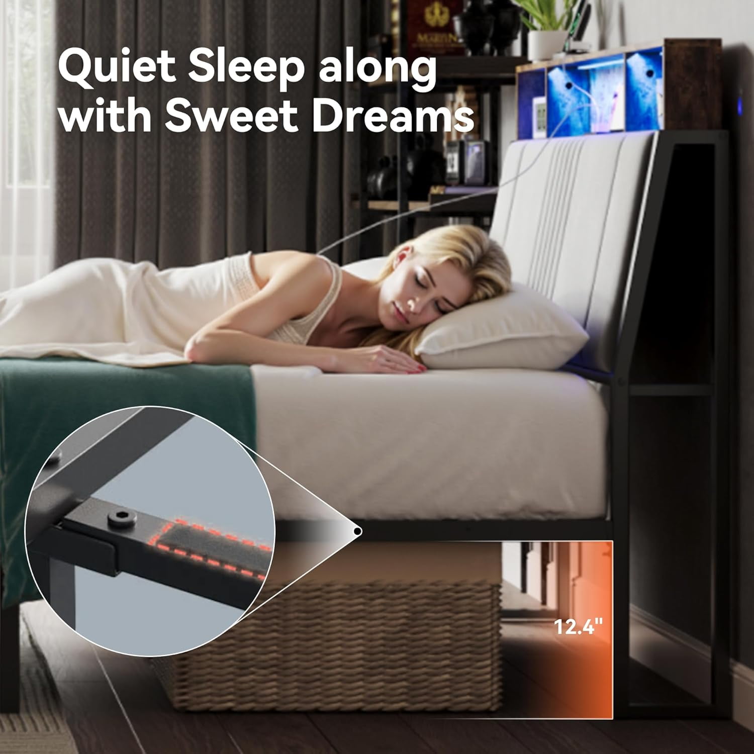 Sailvan Full Size Bed Frame with LED Lights Headboard, Full Bed Frame with Storage & USB Charging, Cushion, Metal Platform Bed Full, No Box Spring Needed, Easy Assembly, Gray
