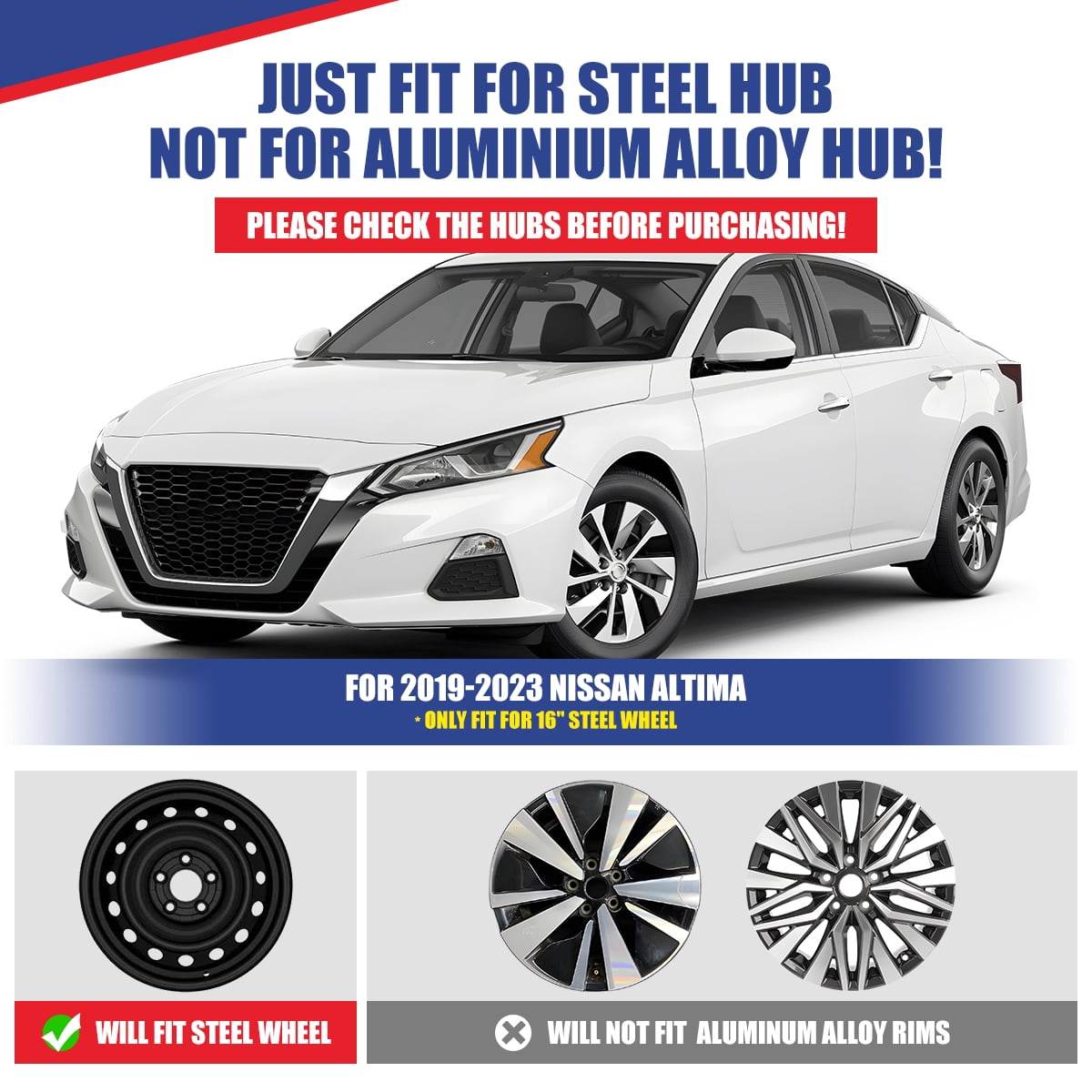 16" Hubcaps for 2019-2025 Nissan Altima,Snap on Design Set of 4 Wheel Rim Covers Compatible with Steel Wheels,ABS+PC Hubcaps,Black Lacquer & Red Lacquer