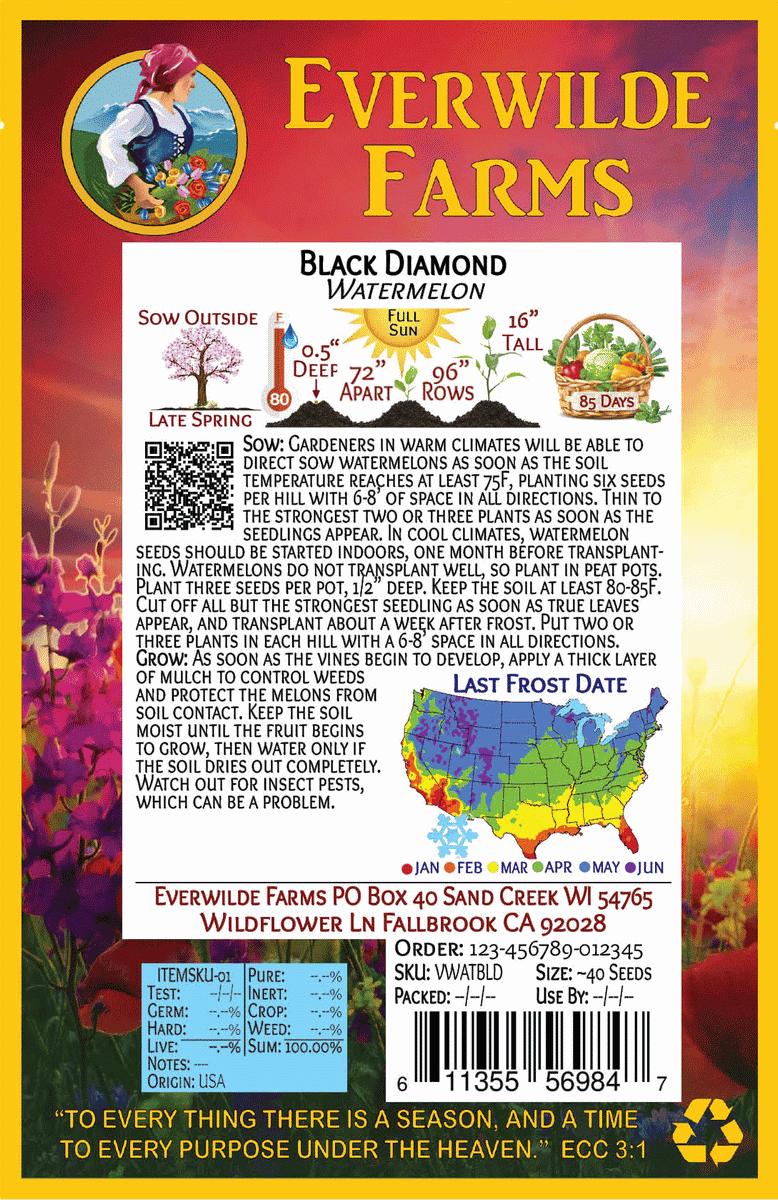 Everwilde Farms Mylar Seed Packet 1//4 Lb Black Diamond Watermelon Seeds