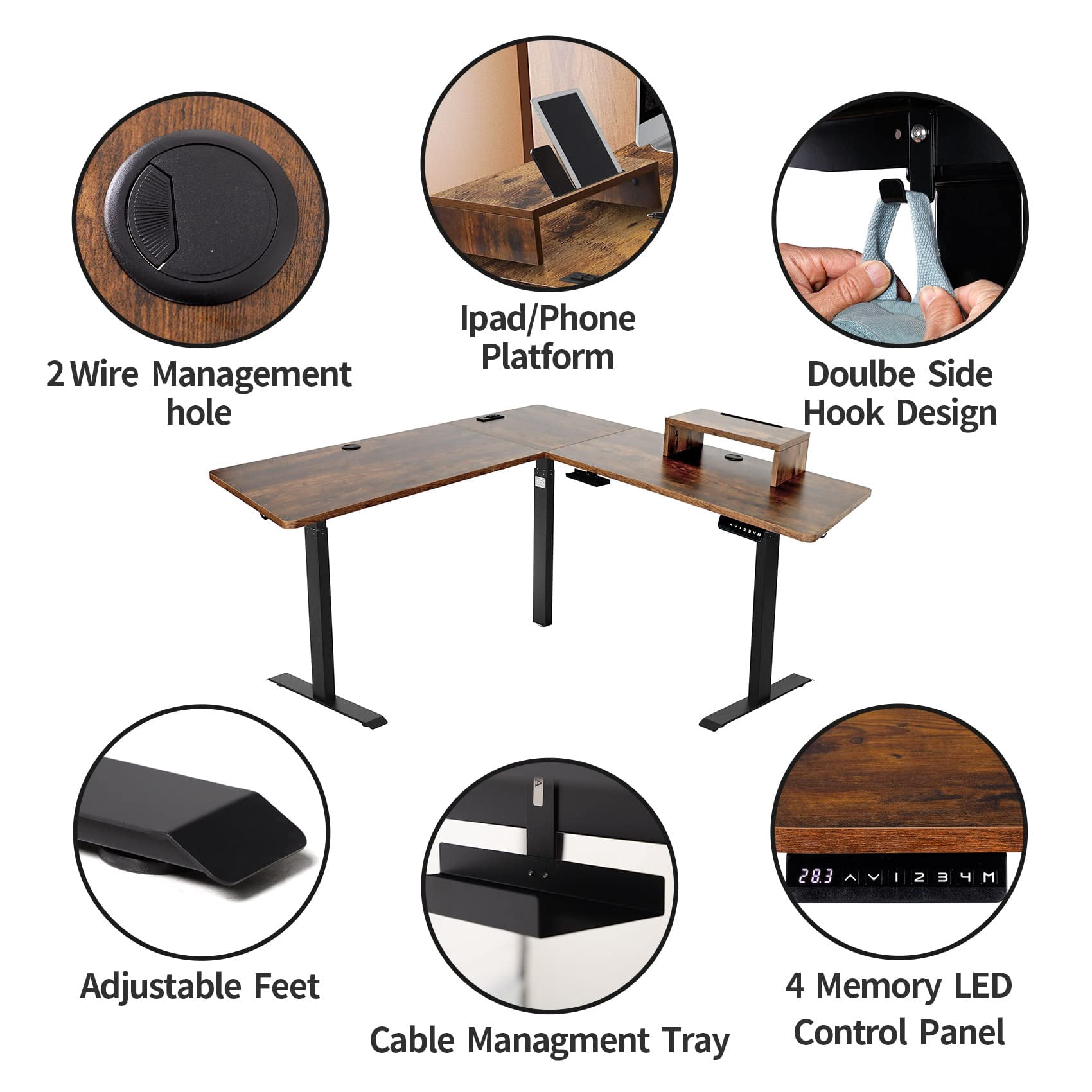 UNICOO® L-Shaped Triple Motor Electric Height Adjustable Standing Desk for Gaming & Home Office, Easy Touch Control & Solid Steel Construction (Rustic Brown Top/Black Frame-XOT-L3E-RB)