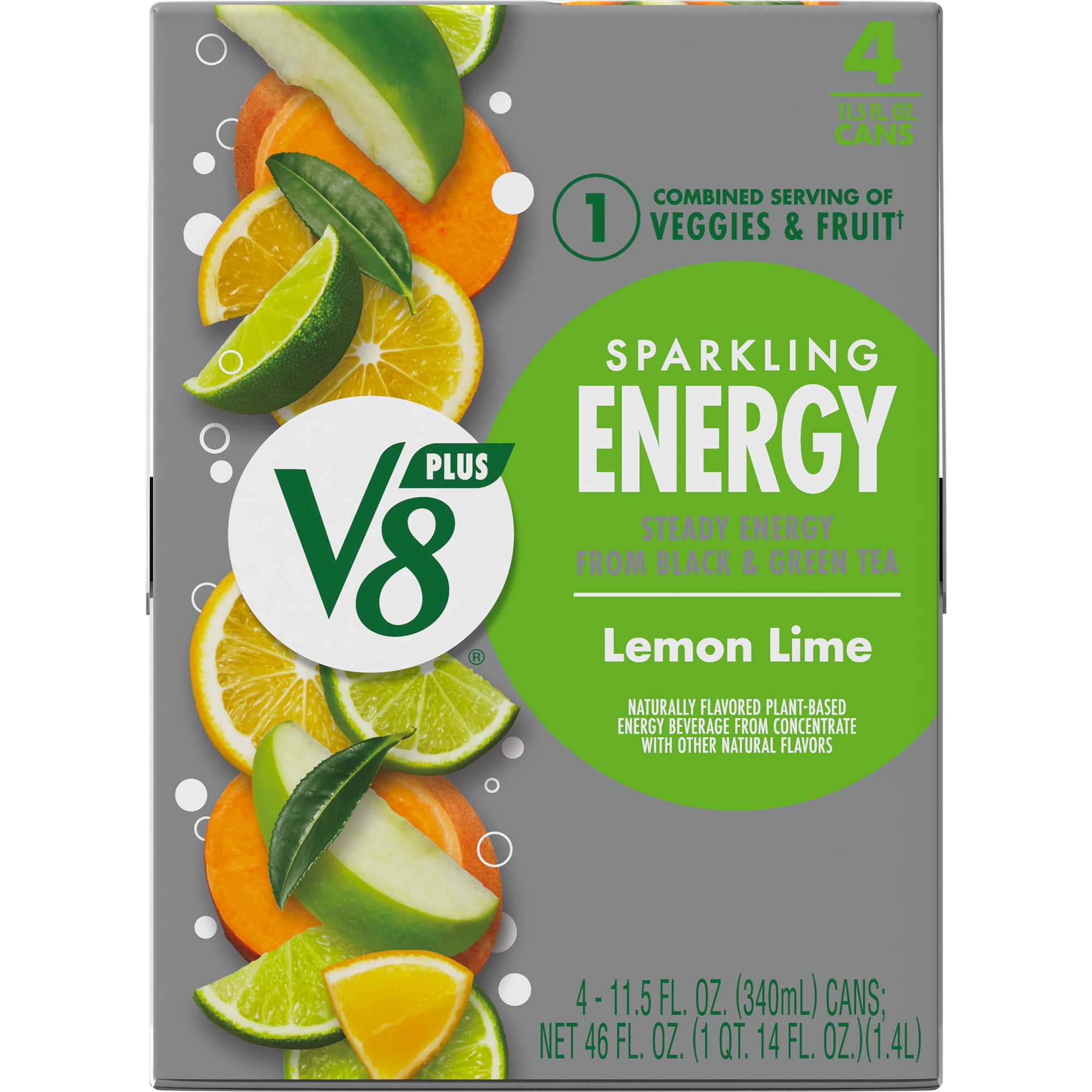 V8 +Energy Sparkling Lemon Lime Juice Energy Drink, 11.5 fl oz Can, 4 Count