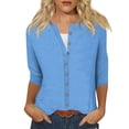 thumbnail image 2 of DENGDENG Ladies Three Quarter Sleeve Tops Casual Summer Button Down Shirt Solid Elbow Cardigan Shirts Three Quarter Length Petite T Shirts Loose Fit Tunic Tops Blue XL, 2 of 5