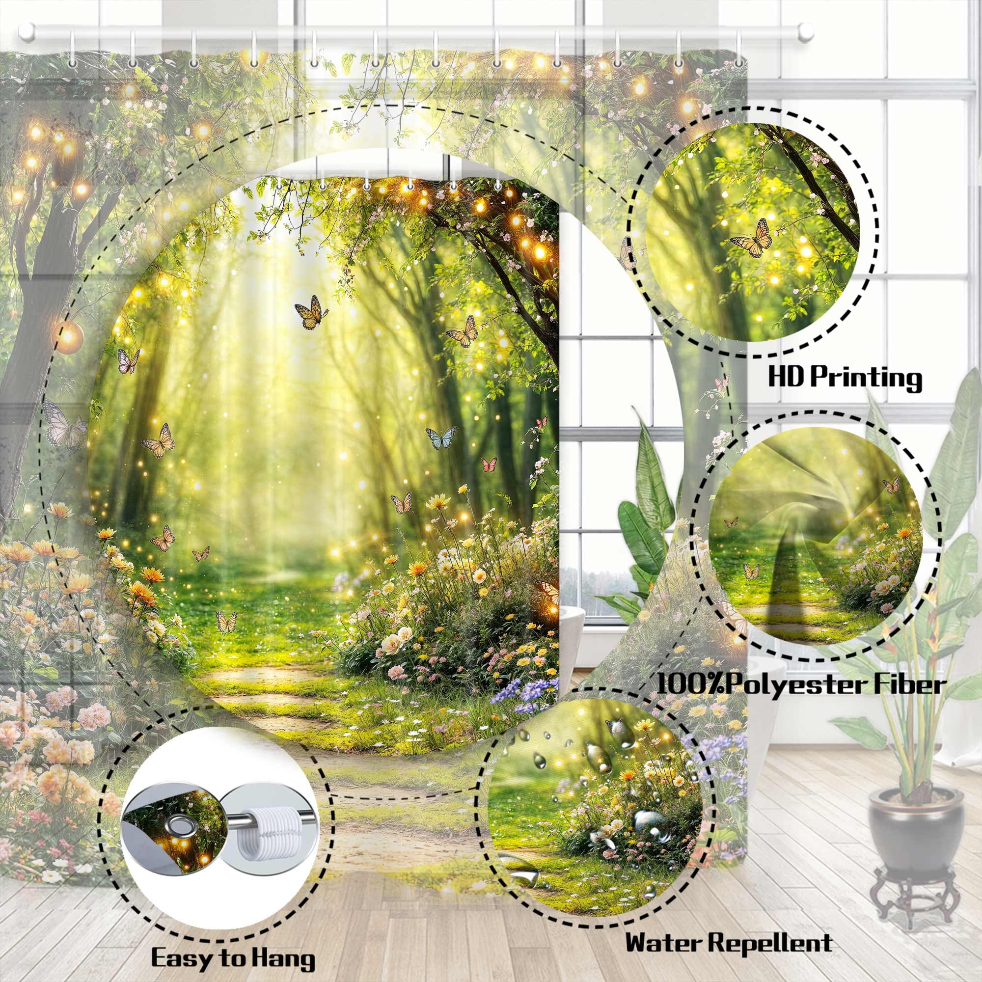 Enchanted Forest Shower Curtain, Fairy Garden Magic Wonderland Butterfly Jungle Girls Bathroom Decorative Curtain, Rustic Natural Scenery Waterproof Fabric Shower Curtain Sets with Hooks, 72X72in