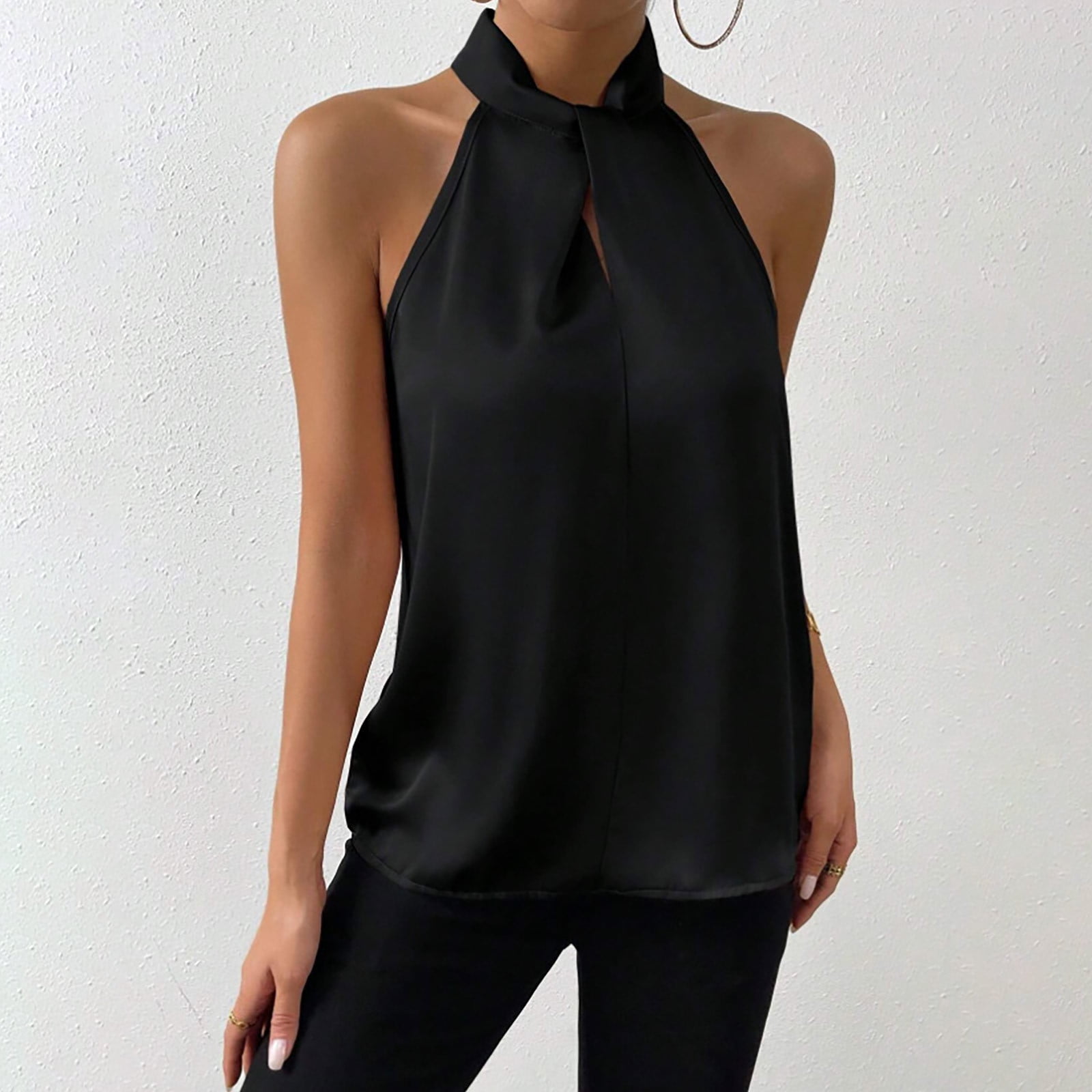 JGGSPWM Women's Solid Keyhole Back Halter Neck Blouse Twist Front