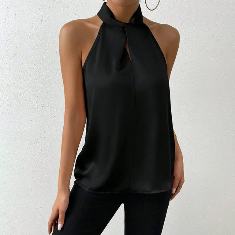JGGSPWM Women's Solid Keyhole Back Halter Neck Blouse Twist