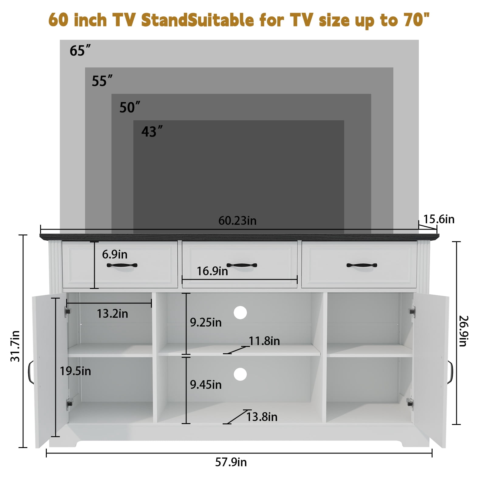 HLR Mid Century 60" TV Stand for TV up to 65", Entertainment Center with Drawers Storage for Living Room, White