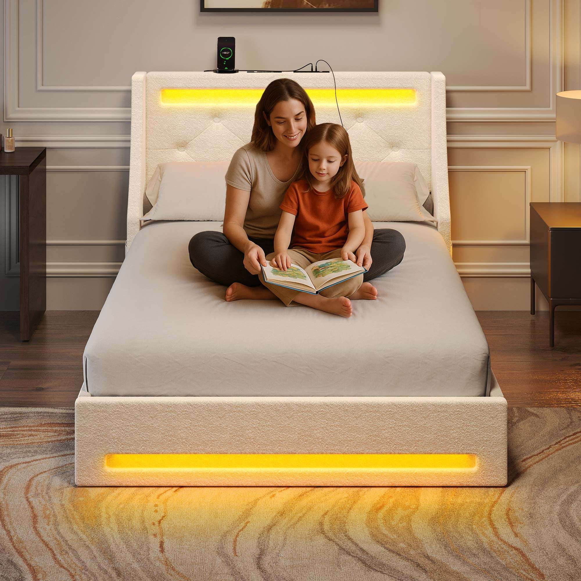 Greenstell Smart Charging Storage Bed Frame - 900lbs Capacity Noise-Free, Twin, Off White