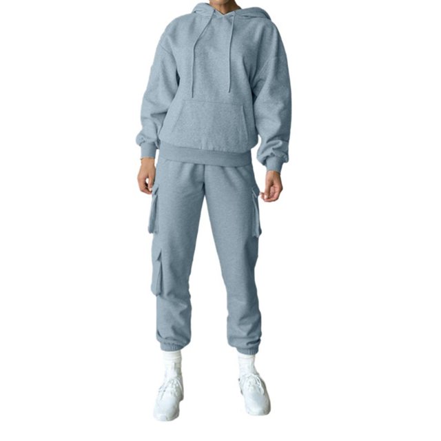 Gibobby Conjunto de sudadera para mujer Conjunto de sudadera de manga larga con cordón y bolsillo con capucha de color sólido informal para mujer para otoño o(Azul,G)