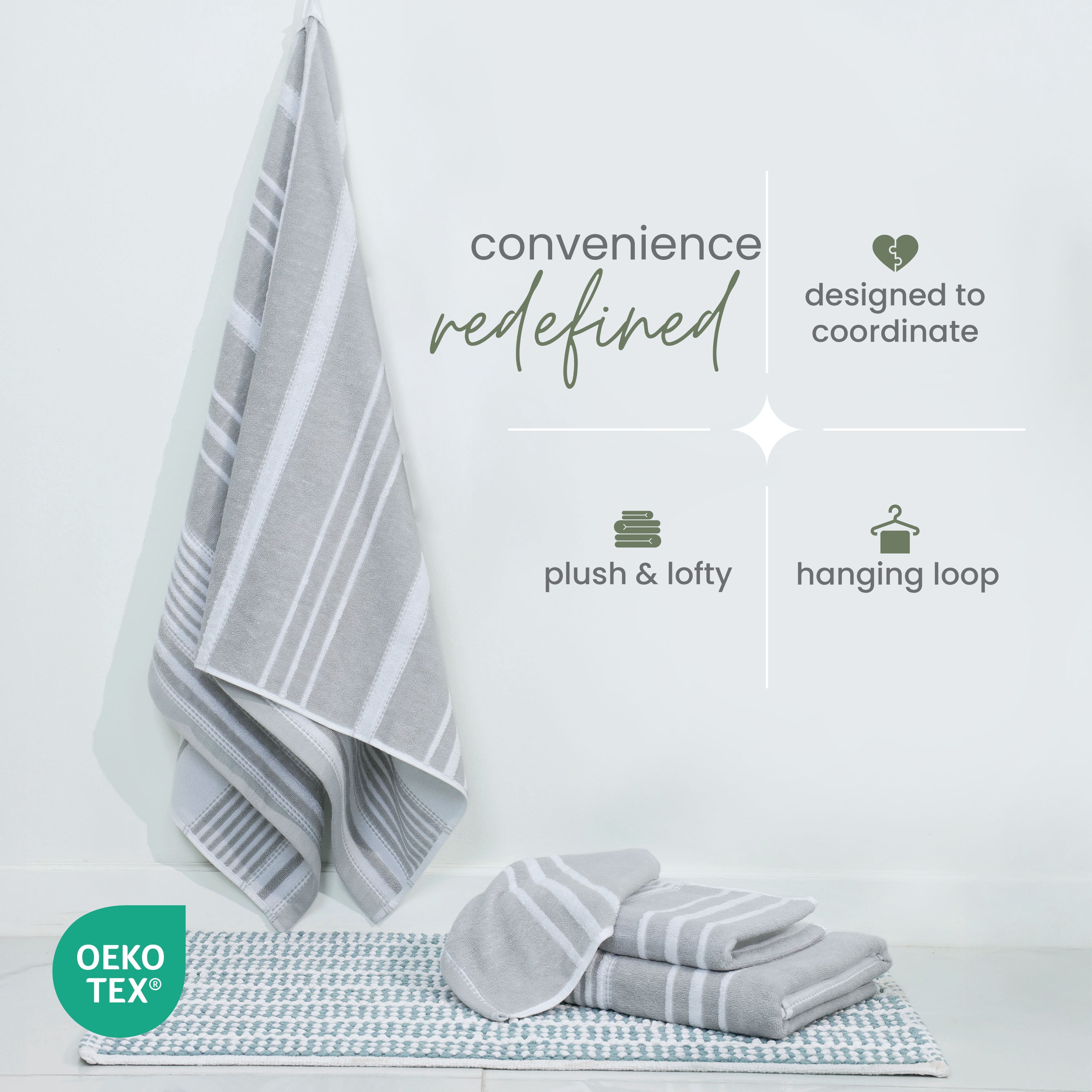 Martex Restore Batten Stripe Bath Towel, 30" x 56", Gray