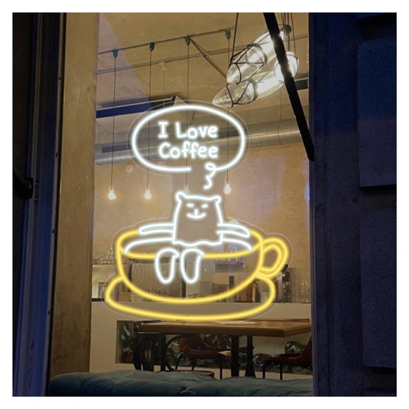 Letrero De Neón I Love Coffee Cat, Ideal Para Decorar La Pared De La Cocina De Una Cafetería, Con Luz Regulable De 43cmx50cm
