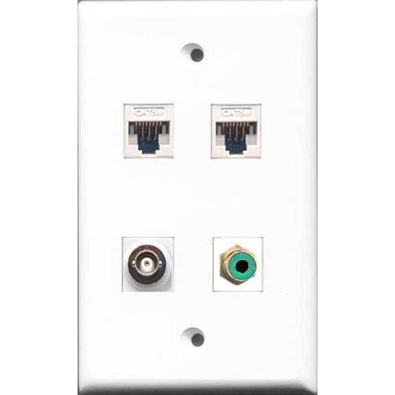 RiteAV - 1 Port RCA Green and 1 Port BNC 2 Port Cat5e Ethernet White Wall Plate
