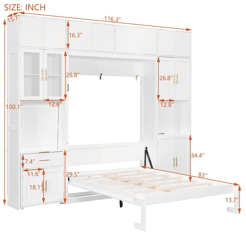Full Size All-in-One Murphy Bed with Hidden Desk & Storage Cabinets, Foldable Platform Bed Frame with Power Outlet & LED Light