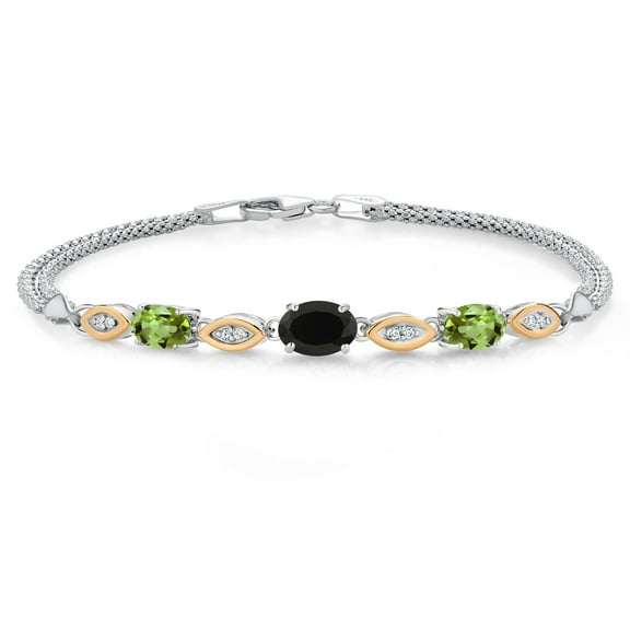 Gem Stone King 925 Silver and 10K Yellow Gold Black Onyx and Green Peridot and White Lab Grown Diamond Bracelet for Women (1.76 Cttw, Gemstone December Birthstone, Oval, Wheat Chain, 7 inches)