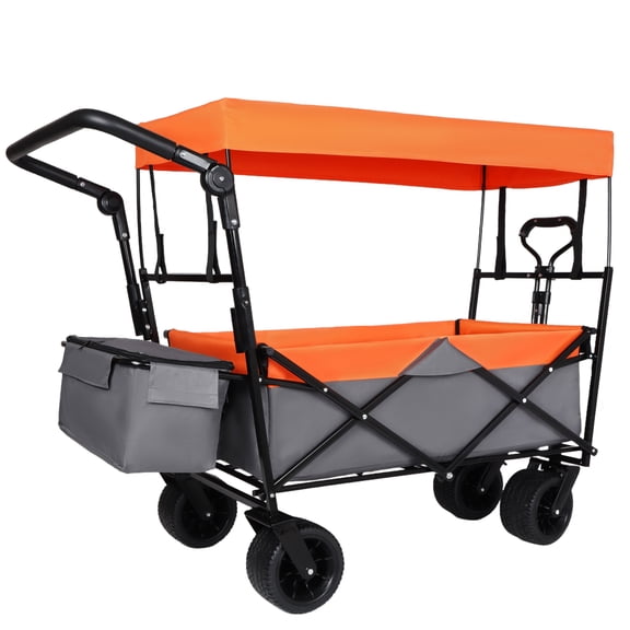 Olurrisa Heavy-Duty Collapsible Wagon with Canopy, 480lbs Capacity Foldable Cart with 7" All-Terrain Wheels & Drink Holders, Purple for Camping Shopping