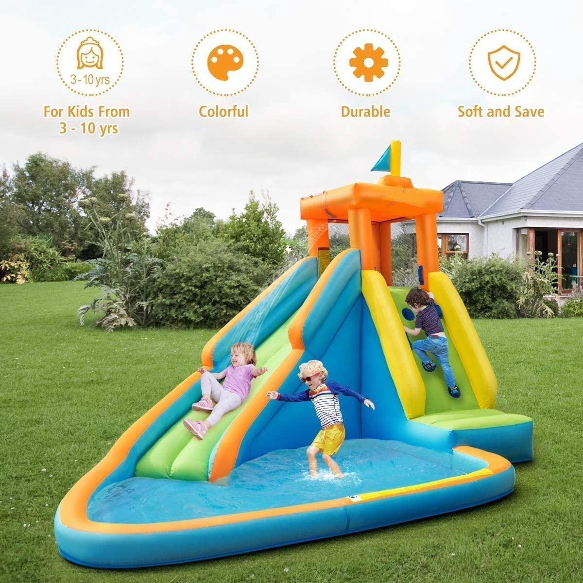 OLAKIDS Inflatable Water Slide, Bouncing House with Slide, Climbing Wall, Splash Pool, Kids Jumping Castle Indoor Outdoor with Carrying Bag, Repairing Kit, Hose, 750W Blower