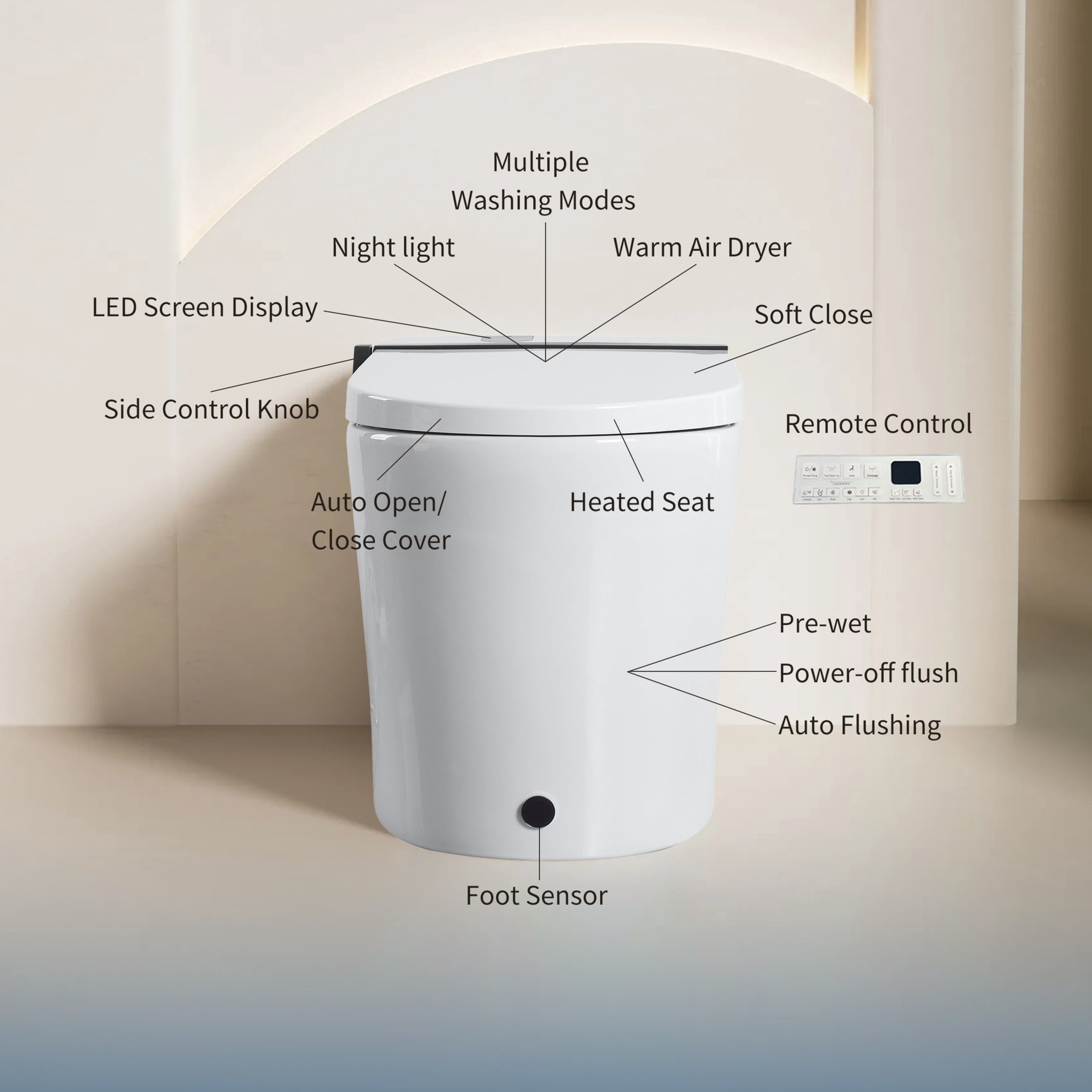 Noble House Tankless Smart Toilet with Bidet, Touchscreen One-Piece Bidet Toilet with Night Light & Foot Sensor, White