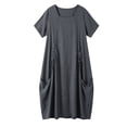 thumbnail image 5 of Women's Cotton Linen Crew Neck Midi Dress Short Sleeve Loose Casual Long Dress with Drawstring Waist Side Pockets Gray XXL(XXL), 5 of 6