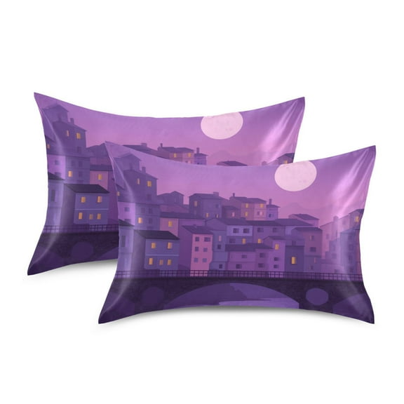 Silky Satin Standard Pillowcases For Hair And Skin A Purple Sky with A Moon