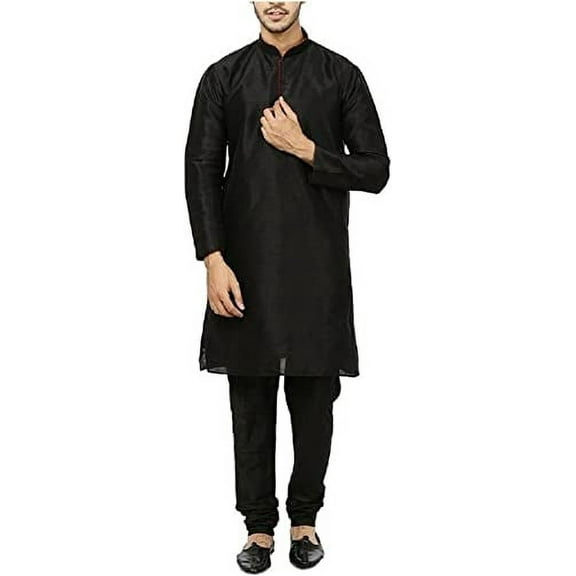 Royal Mens Silk Blend Neck Embroidery Kurta Pyjama Set Black
