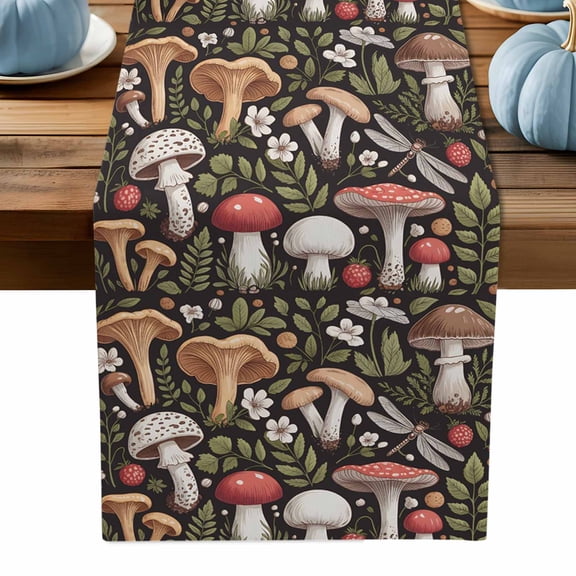 ERUNPONLY Thanksgiving Mushrooms Table Runner - 72 Inch Long Green Leaves Black Pastoral Cotton and Linen Blended Dress Scarves Farmhouse Table Runner for Kitchen Dining, Coffee Table, 16" x 72"