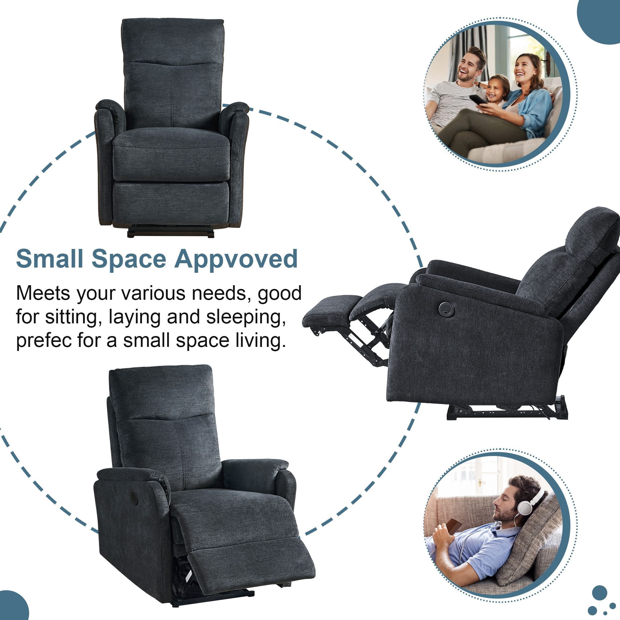 DEALTOPS Power Recliner Chair with USB Ports, Recliner Single Chair with Adjustable Footrest, Dark Gray