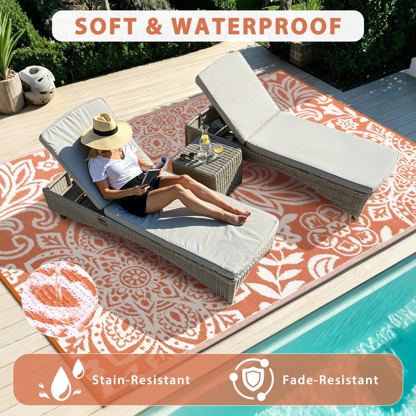 MJIAexp 6'x9' Orange Outdoor Rug Patio Rug Waterproof RV Outdoor Rug Camping Rugs Reversible Plastic Straw Rug Large Outdoor Mat for Camping, Balcony Apartment, Patio, Porch, Picnic, Beach
