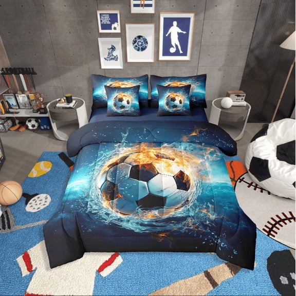 Erosebridal Sport Soccer Bedding Sets Twin Size,Ball Game Comforter Sets with Sheets,Football Room Decorative,Reversible,Breathable,7-Piece