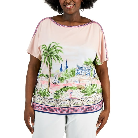 JM Collection Plus Size Postcard Print Top Pink Gem Combo 3X