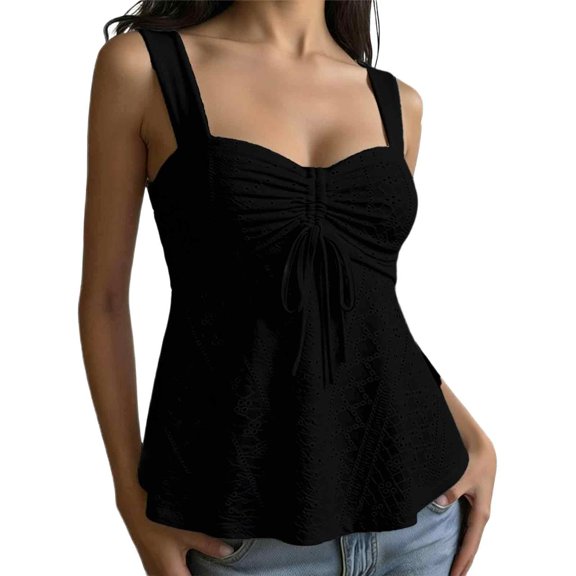 Women's Eyelet Tie Front Ruched Tank Tops,Drawstring Going Out Top Babydoll Tank Tops Summer Eyelet Tank Tops Black L