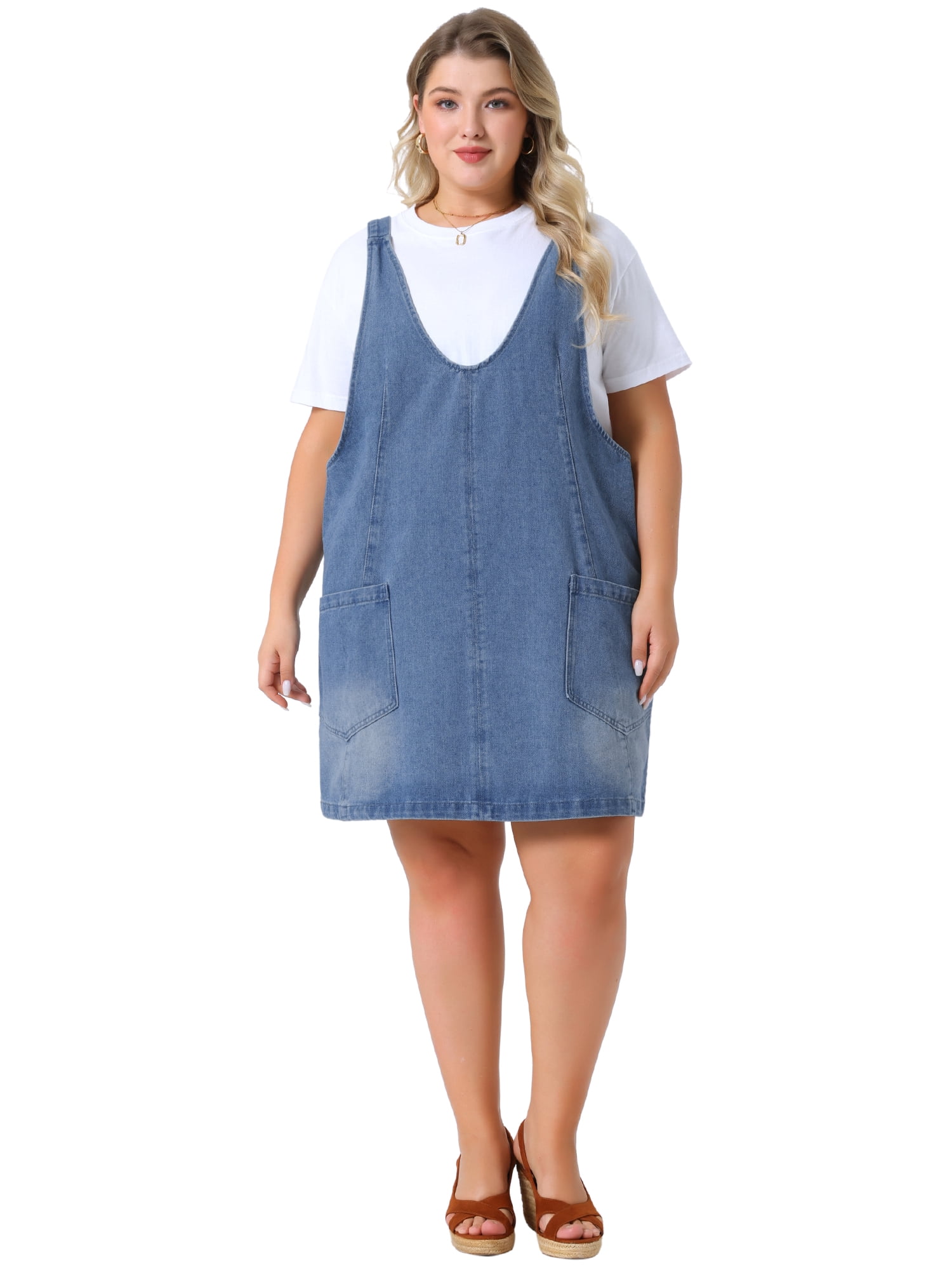 DARING DIVA Women's Plus Denim Overall Sleeveless V Neck Denim Jumper Dress 3X Sky Blue