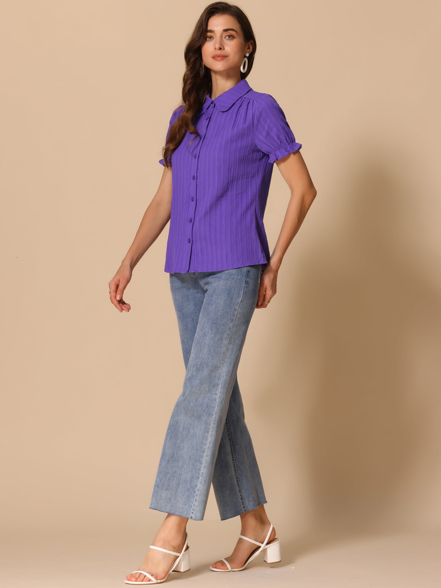 DARING DIVA Women's Cotton Frilled Peter Pan Collar Blouse S Dark Purple