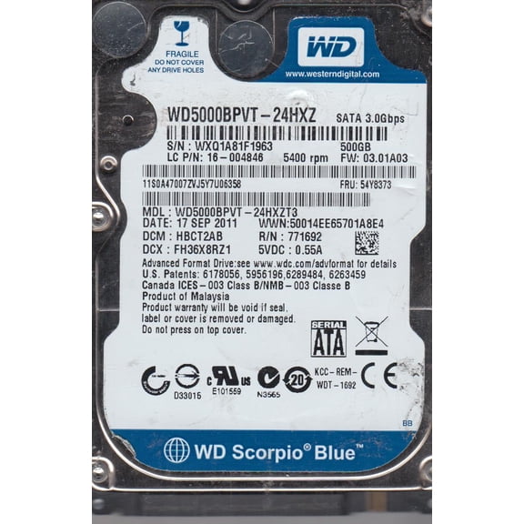 WD5000BPVT-24HXZT3, DCM HBCT2AB, Western Digital 500GB SATA 2.5 Hard Drive