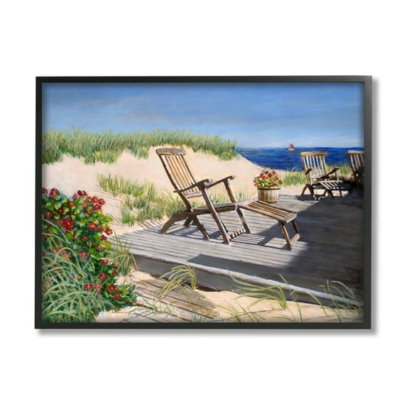 Stupell Industries Relaxing Waterfront Boardwalk Beach Chairs Summer Scene Painting Black Framed Art Print Wall Art, Design by Tom Mielko