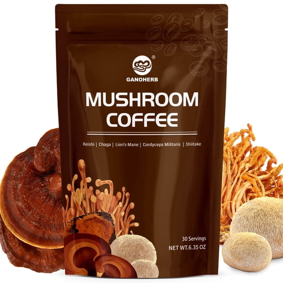 GANOHERB 5 Mushroom Coffee, Instant Arabica Coffee with Lion's Mane, Reishi, Chaga, Cordyceps & MCT Oil,6.35 oz (180g)