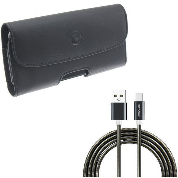 3ft Metal USB Cable w Leather Case Belt Clip for Google Pixel 5a 5G/4a 5G Phones - Type-C Charger Cord, Holster Cover J4N Compatible With Pixel 5a 5G/4a 5G Models